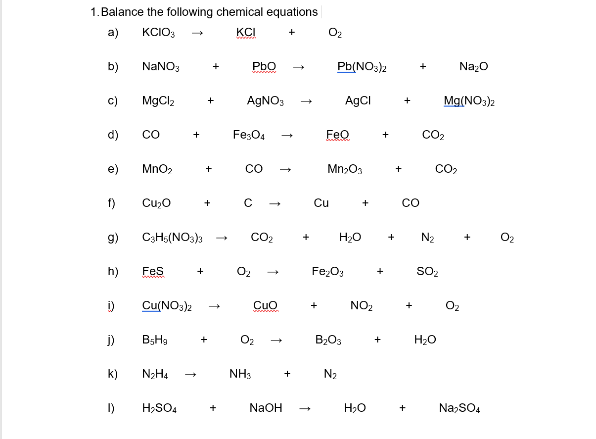 Solved 1. Balance The Following Chemical Equations A) Kcio3 