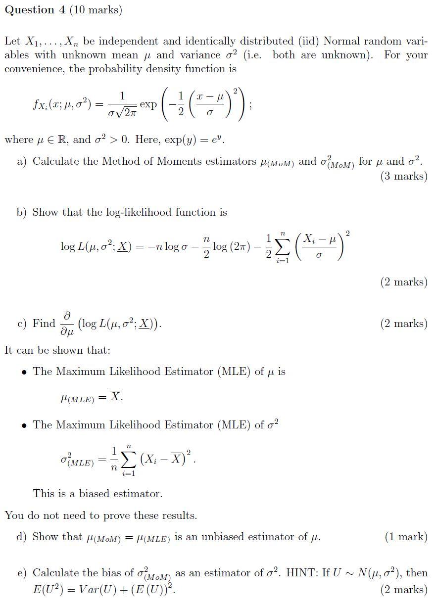 Solved Question 4 10 Marks Let X1 Xn Be Independent 4159