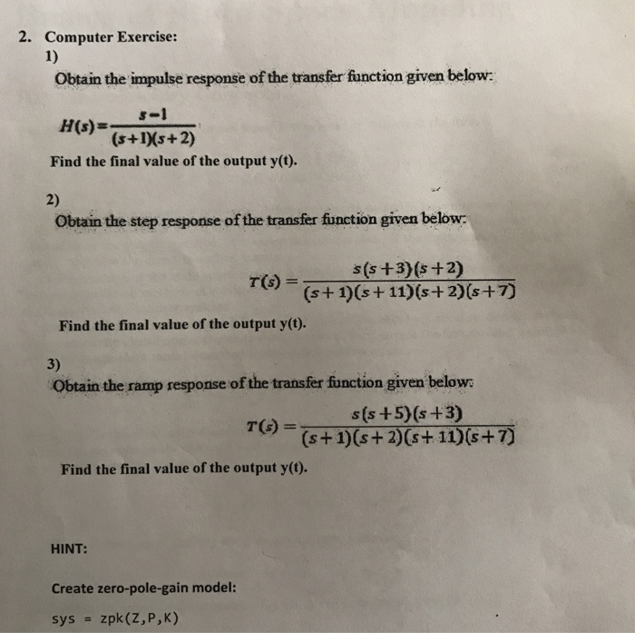 Solved 2. Computer Exercise: 1) Obtain The Impulse Response | Chegg.com