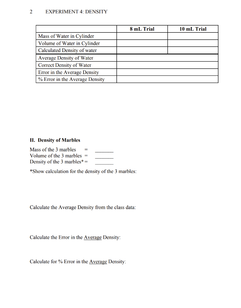 experiment 4 mass volume and density answers