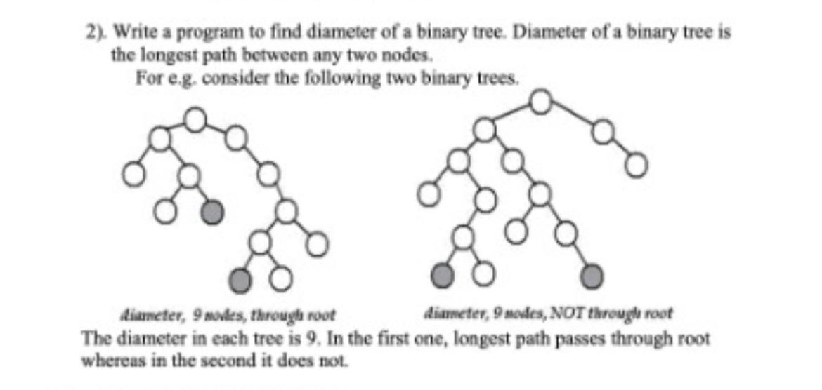 Solved 2). Write a program to find diameter of a binary | Chegg.com image.