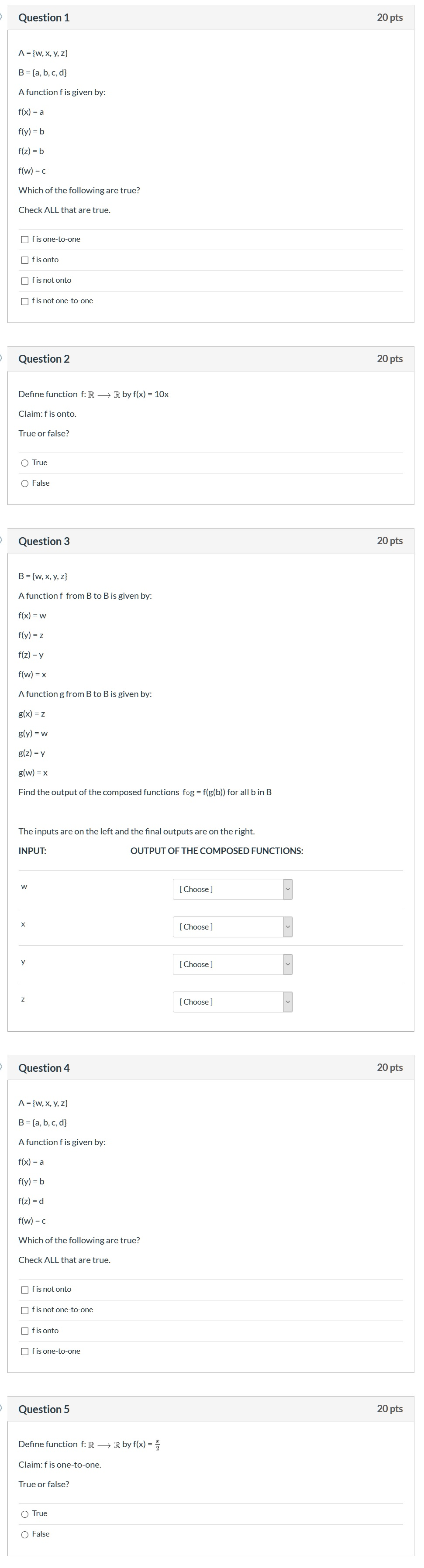 Solved Question 1 20 pts A={W, X, Y, Z} B = {a,b,c,d} A | Chegg.com