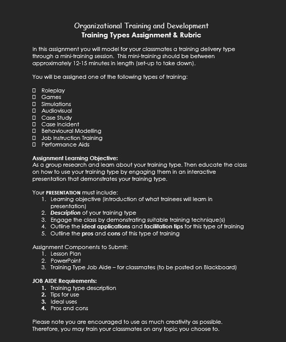 assignment questions on training and development