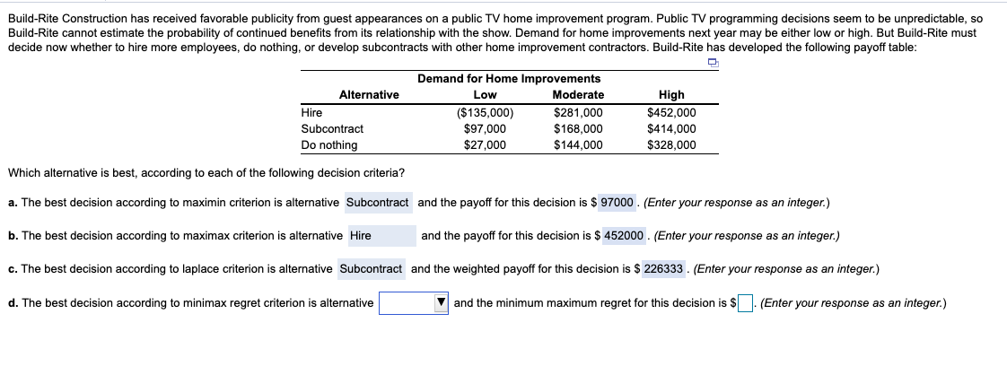 Solved What Is The Best Decision According To Minimax Regret 