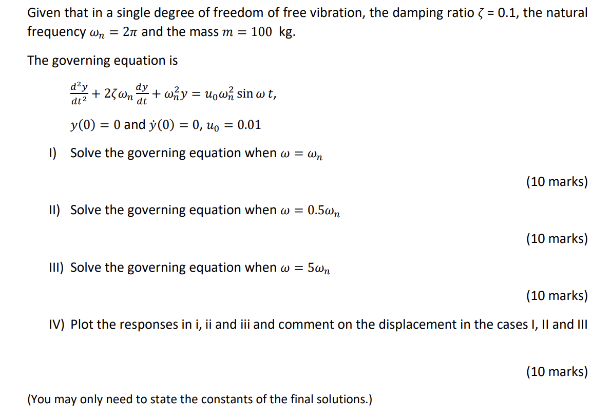 Solved Given that in a single degree of freedom of free | Chegg.com