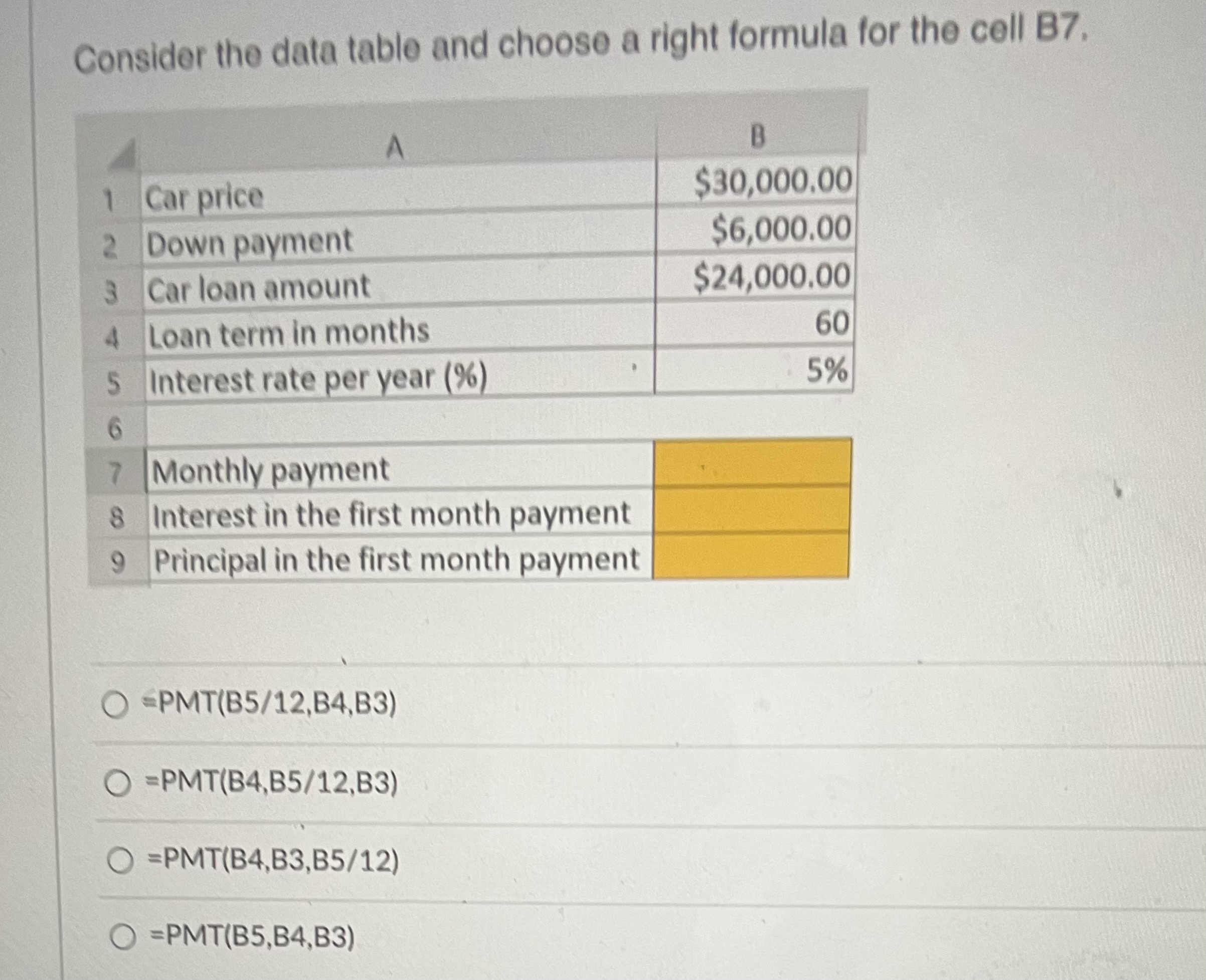 Solved Consider the data table and choose a right formula | Chegg.com