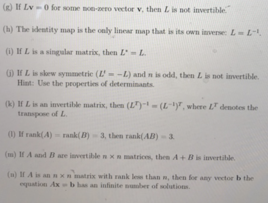 Solved G If Lv 0 For Some Non Zero Vector V Then L Is Chegg Com