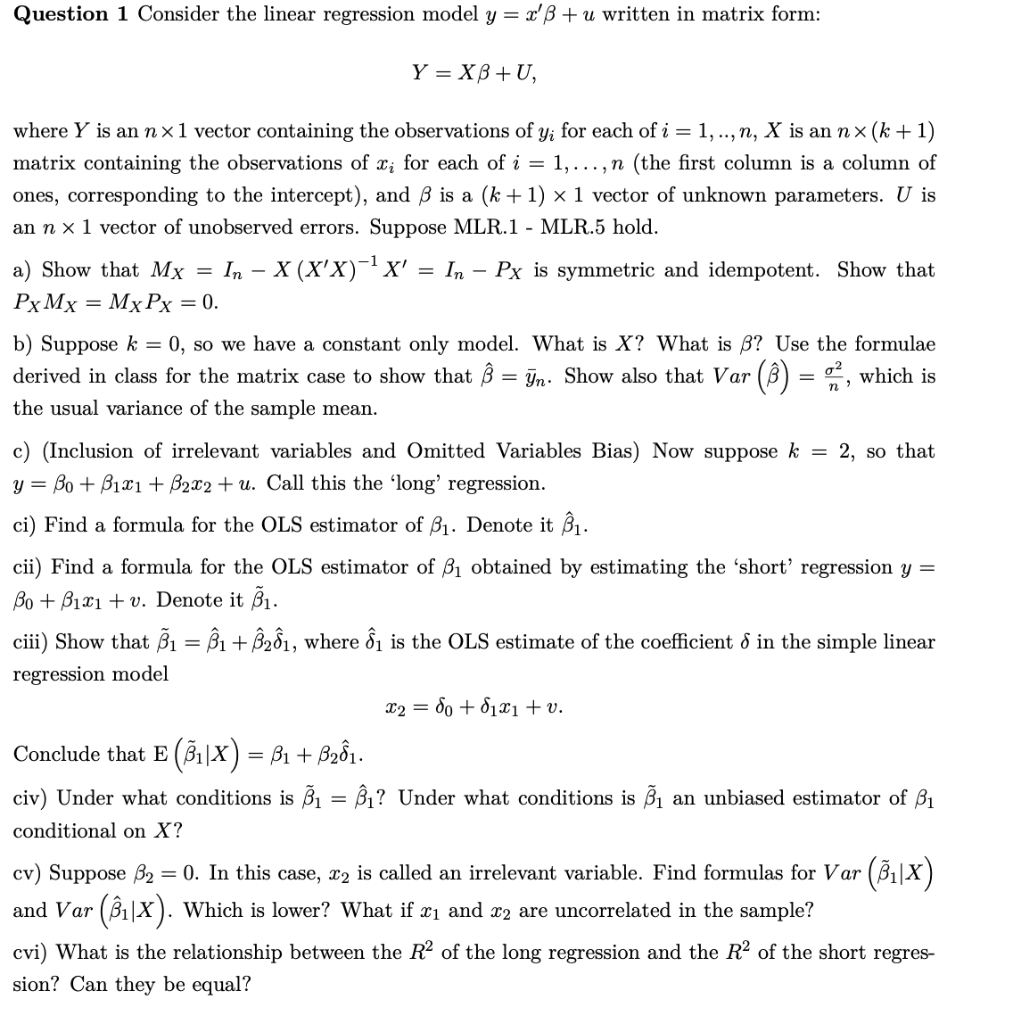 Question 1 Consider The Linear Regression Model Y Chegg Com