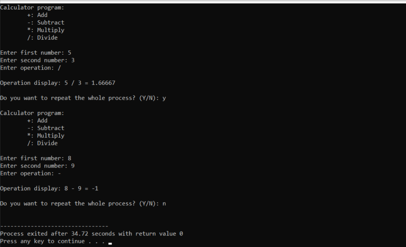 Solved 1. Make a calculator program consisting of addition, | Chegg.com