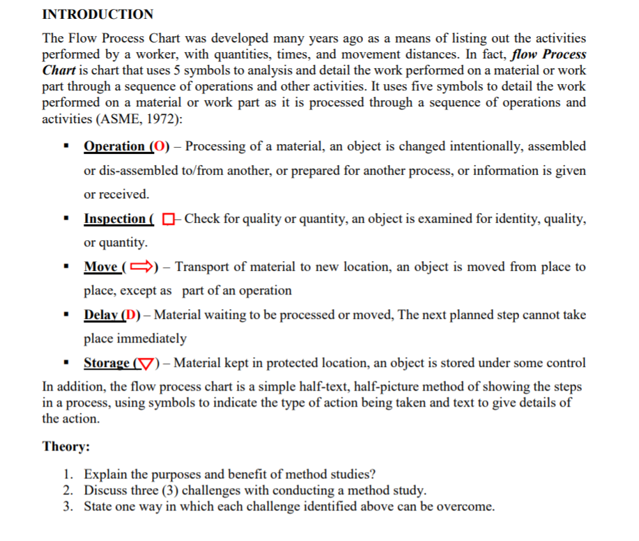 INTRODUCTION The Flow Process Chart was developed | Chegg.com