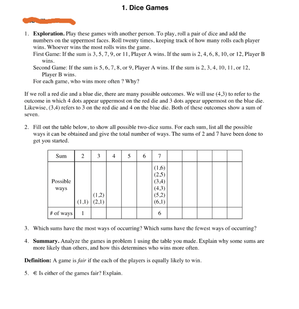 Solved 1. Dice Games 1. Exploration. Play these games with | Chegg.com