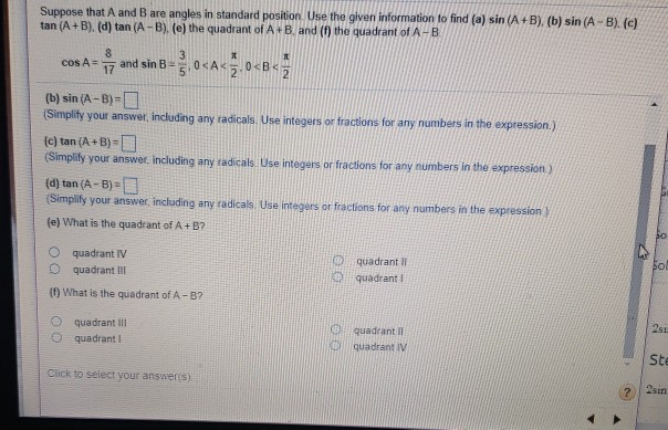 Solved Suppose That A And B Are Angles In Standard Position. | Chegg.com