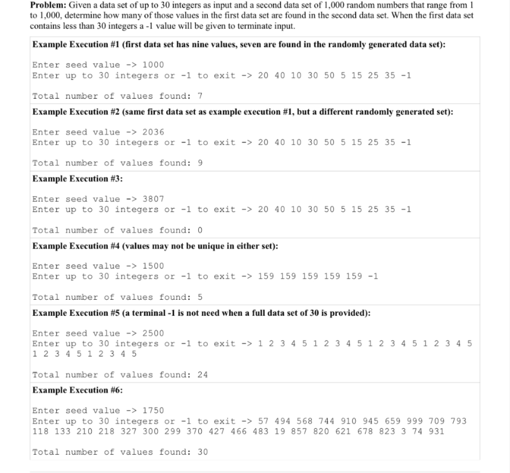 Solved Problem: Given a data set of up to 30 integers as | Chegg.com