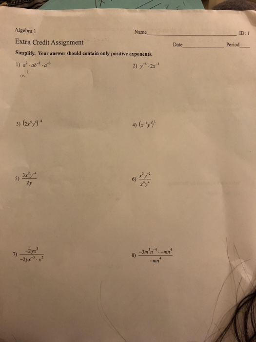 algebra 1 extra credit assignment