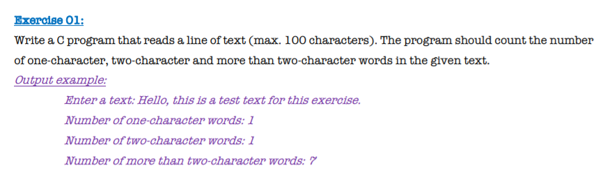 Solved Exercise 01: Write a C program that reads a line of | Chegg.com