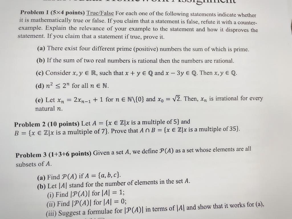 Solved Problem 1 (5x4 points) True/False For each one of the | Chegg.com