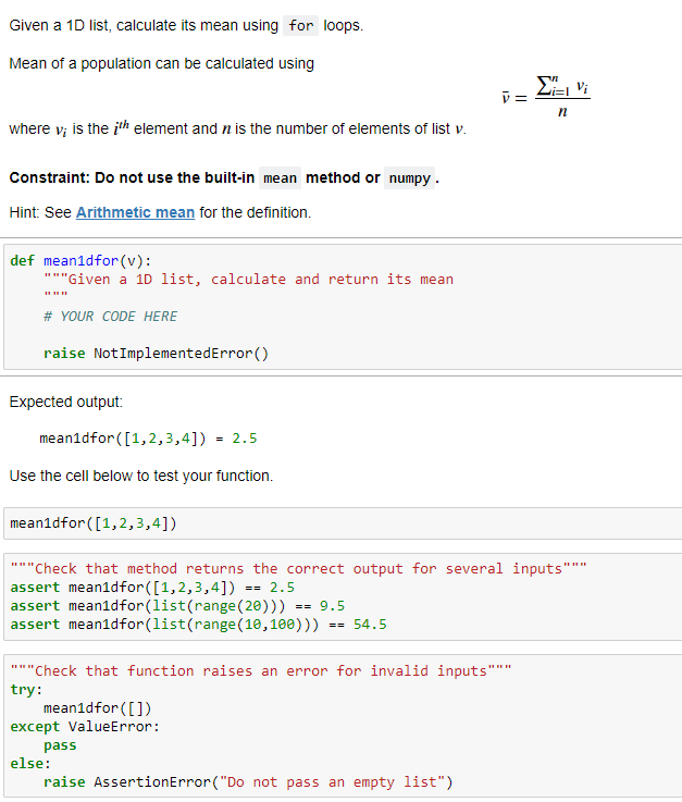 Solved Given a 10 list, calculate its mean using for loops.