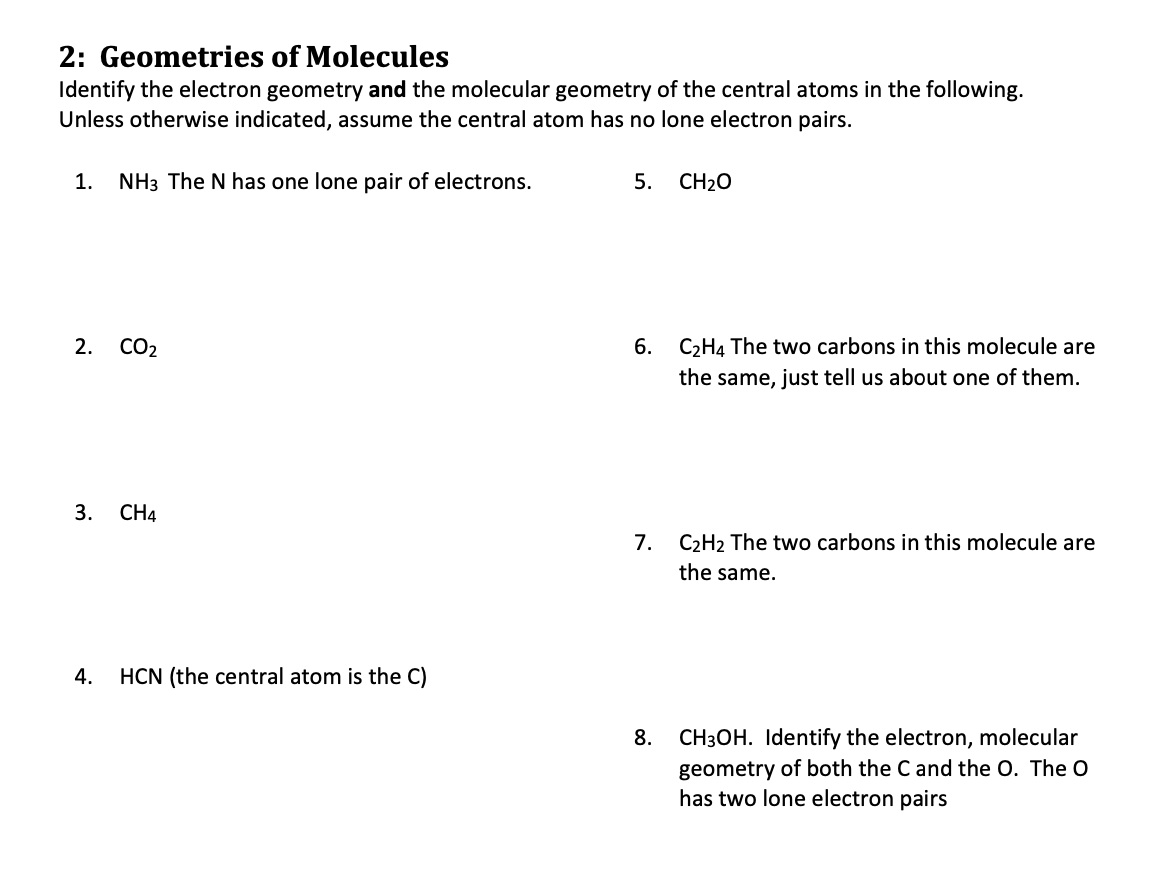 Solved 2 Geometries of Molecules Identify the electron Chegg