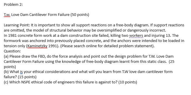 Problem 2: T.W. Love Dam Cantilever Form Failure (50 | Chegg.com