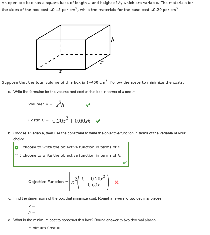 Solved An open top box has a square base of length x and | Chegg.com
