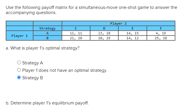 Solved Use the following payoff matrix for a | Chegg.com