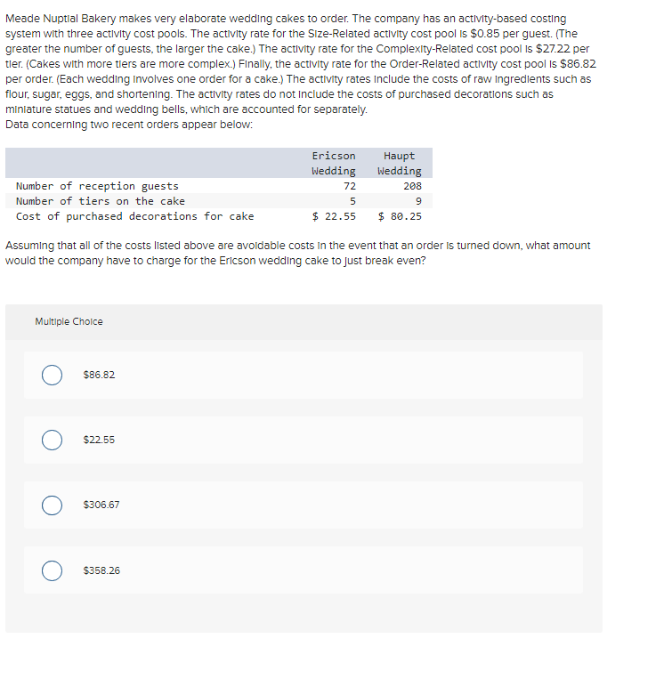 Solved Meade Nuptial Bakery makes very elaborate wedding