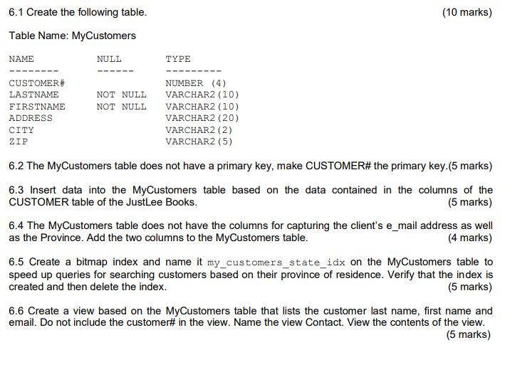 Solved (10 marks) 6.1 Create the following table. Table | Chegg.com