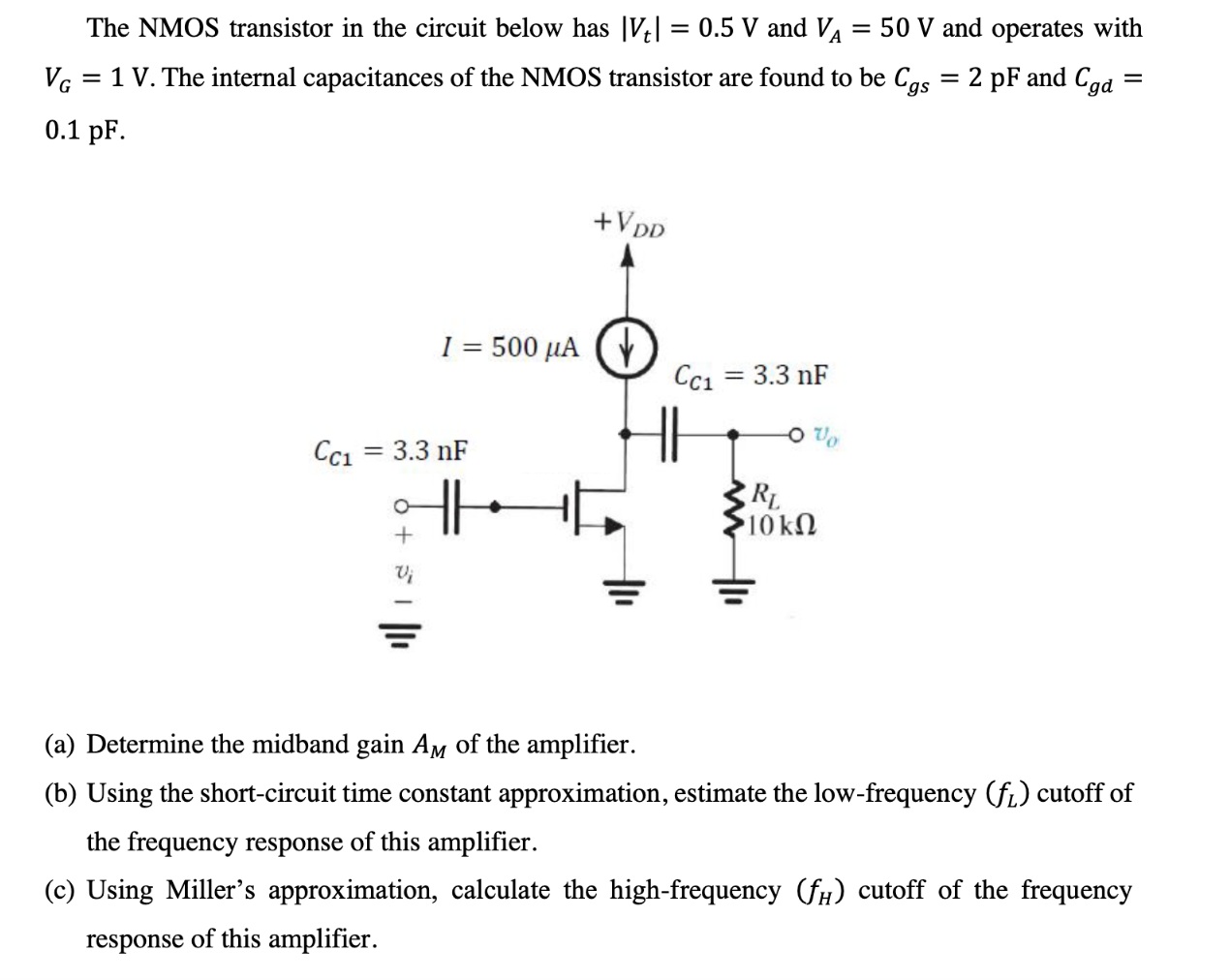 The NMOS transistor in the circuit below has ∣Vt∣=0.5