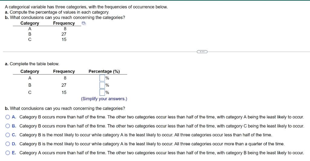 Solved A Categorical Variable Has Three Categories, With The | Chegg.com