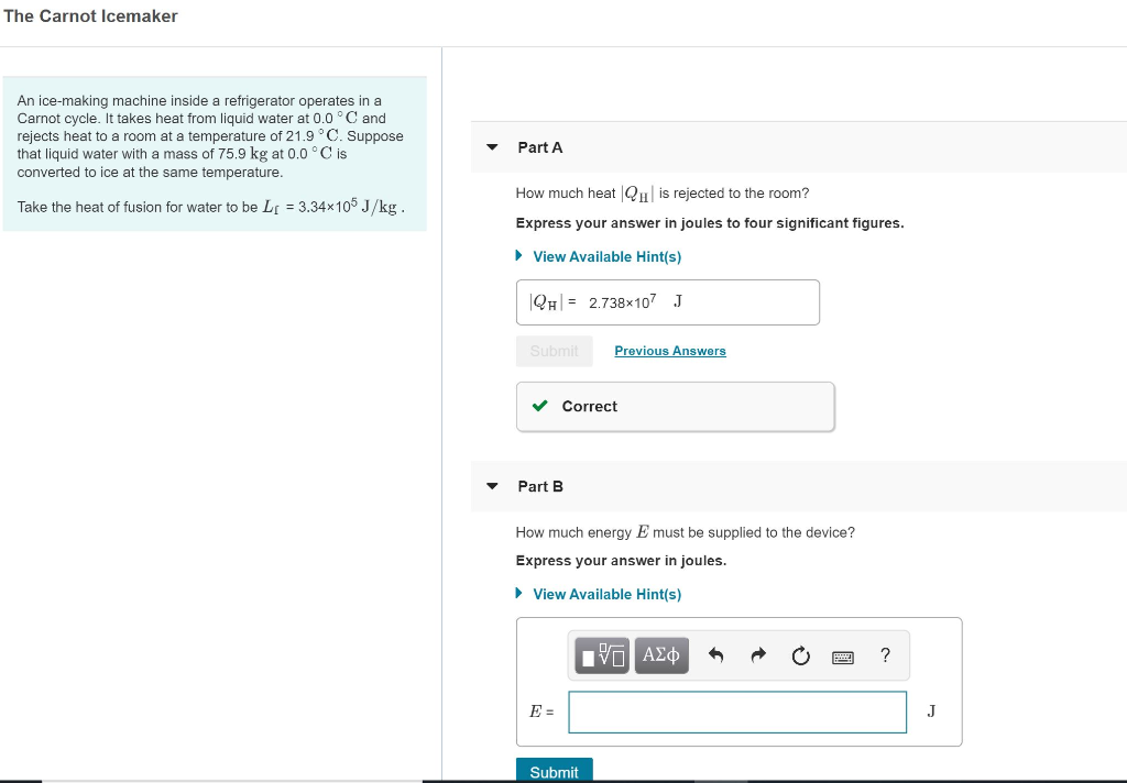 Solved The Carnot Icemaker An icemaking machine inside a