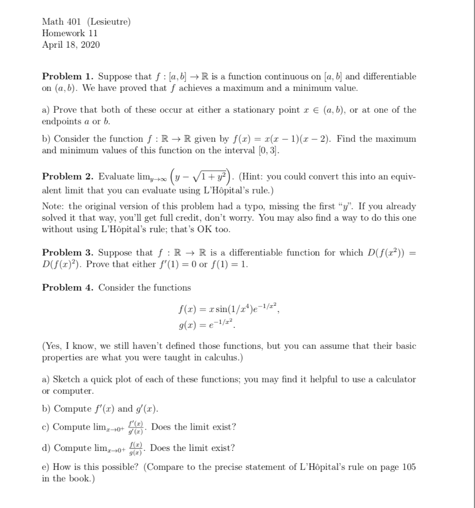 Solved Math 401 Lesieutre Homework 11 April 18 Pr Chegg Com