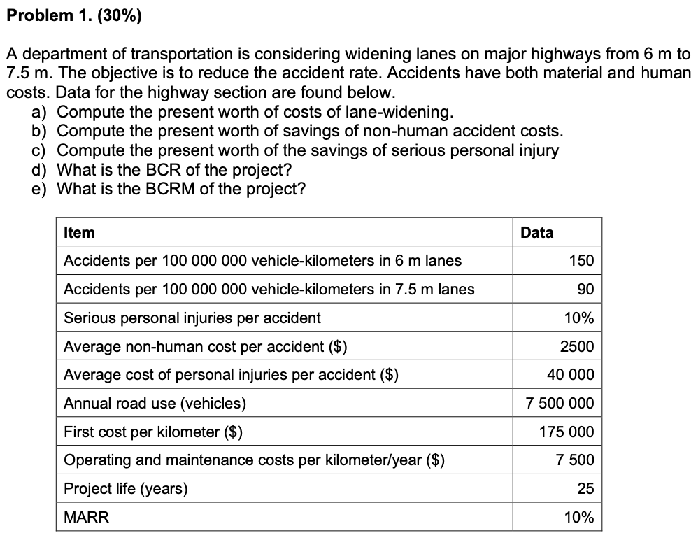 Problem 1. (30%) A department of transportation is | Chegg.com
