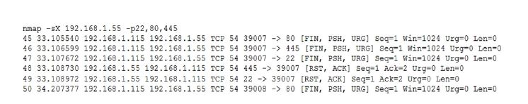 nmap -sX 192.168.1.55 - 22,80, 445 45 33.105540 192.168.1.115 192.168.1.55 TCP 54 39007 -> 80 (FIN, PSH, URG] Seq=1 Win=1024