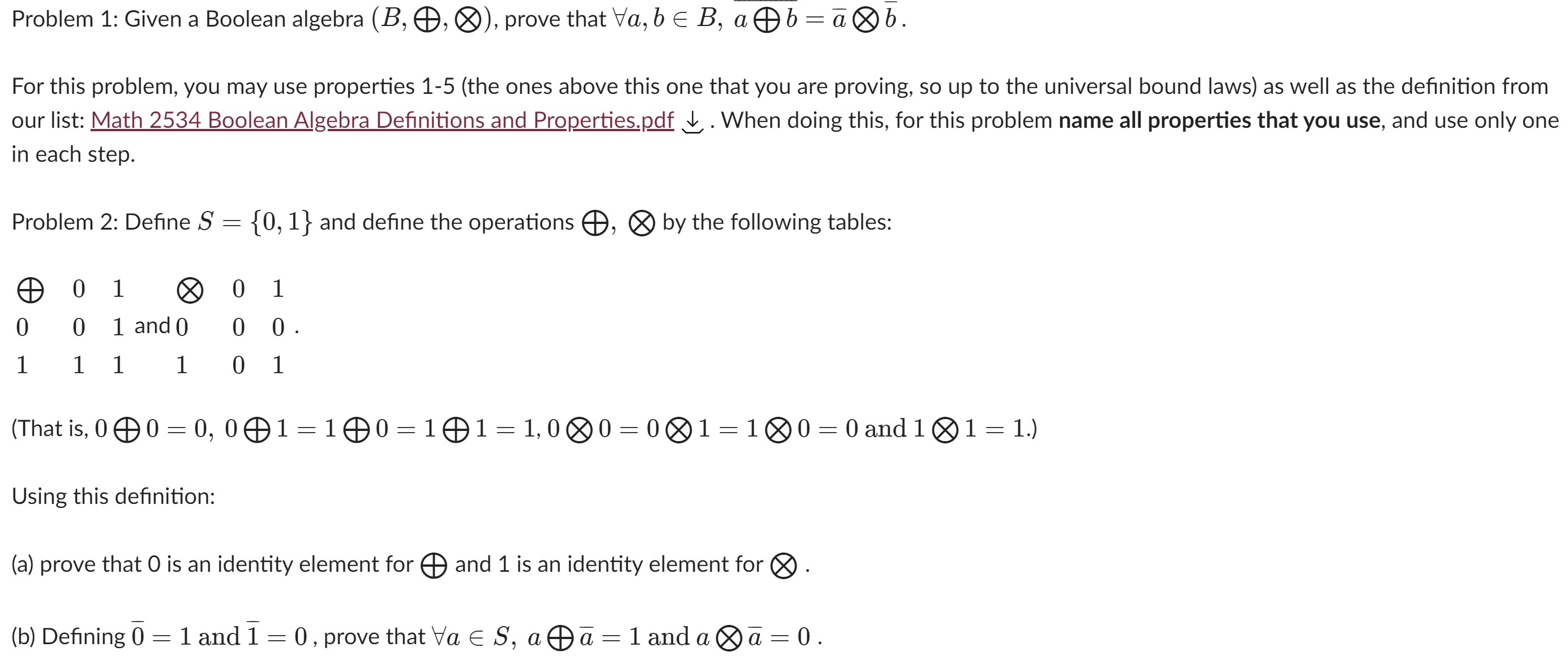 Solved Problem 1: Given A Boolean Algebra (B, 0, 0), Prove | Chegg.com