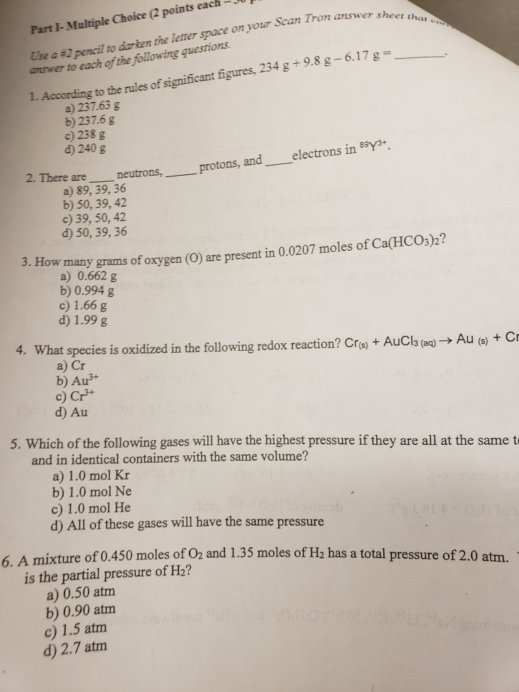 Solved Part I-Multiple Choice (2 points each Use a #2 pencil | Chegg.com