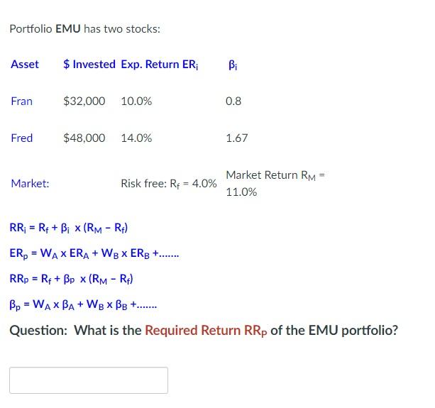 Solved Portfolio EMU has two stocks: Asset $ Invested Exp. | Chegg.com