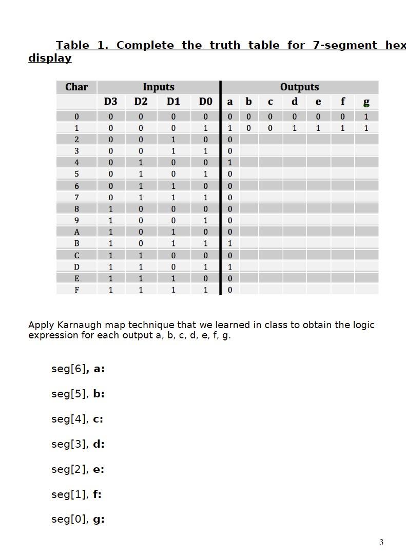 Solved 1. Complete the truth table for 7-segment hex Table | Chegg.com