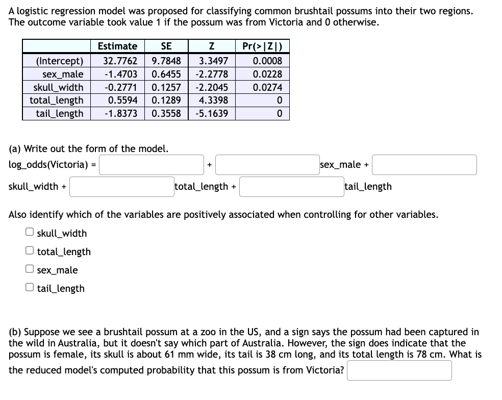 A logistic regression model was proposed for classifying common brushtail possums into their two regions. The outcome variabl