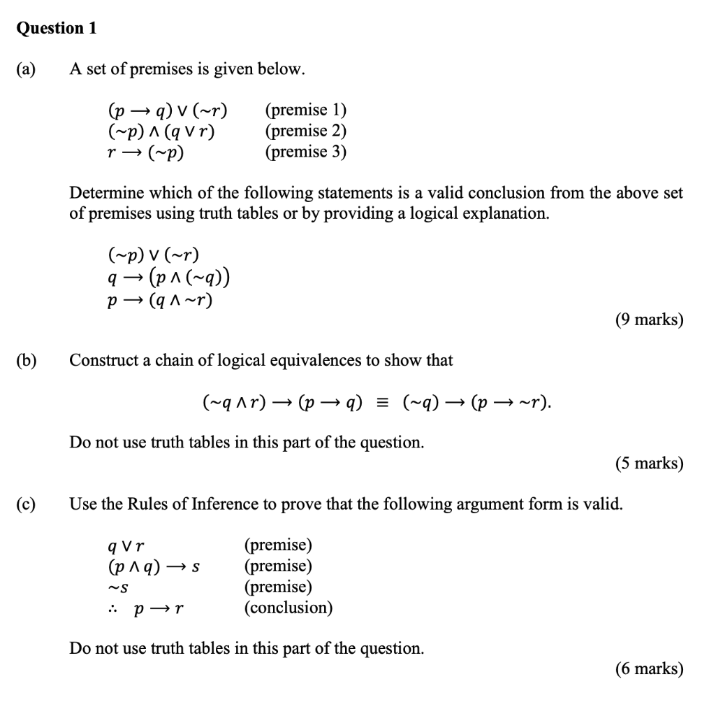 Solved Question 1 (a) A set of premises is given below. (p | Chegg.com