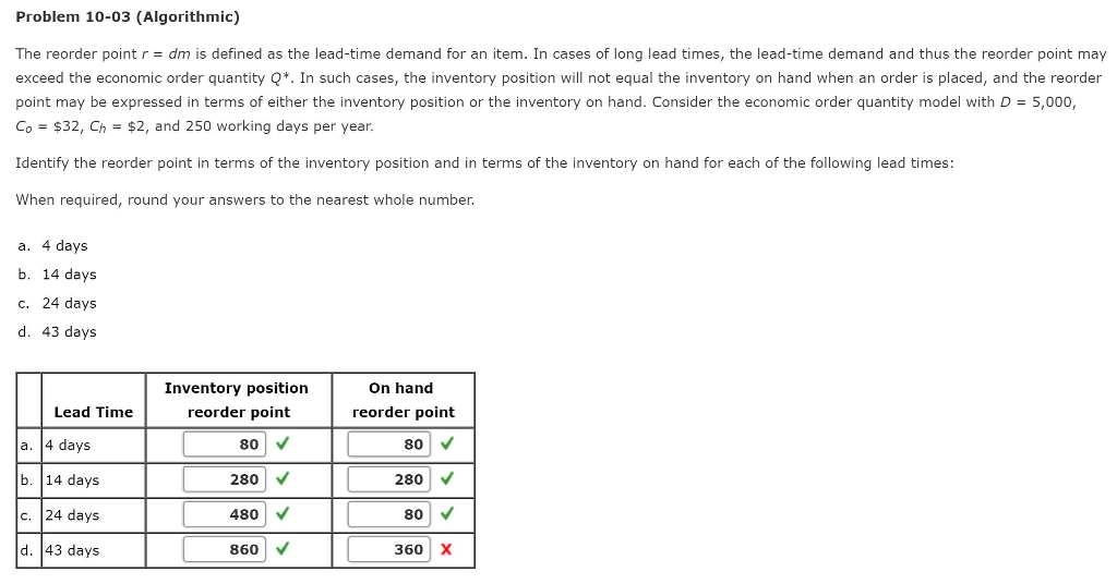 Solved Problem 10 03 Algorithmic The Reorder Point R Dm Is Chegg