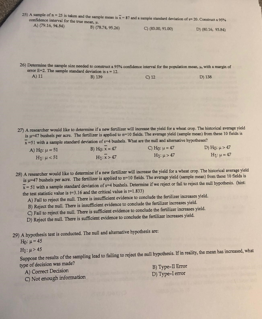 Solved 25) A Sample Of N = 25 Is Taken And The Sample Mean 