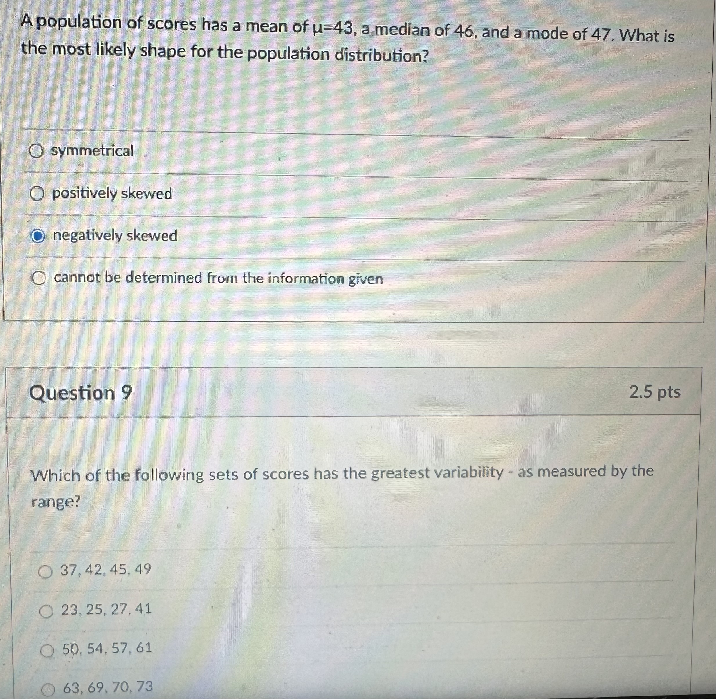 Solved A population of scores has a mean of μ=43, a median | Chegg.com