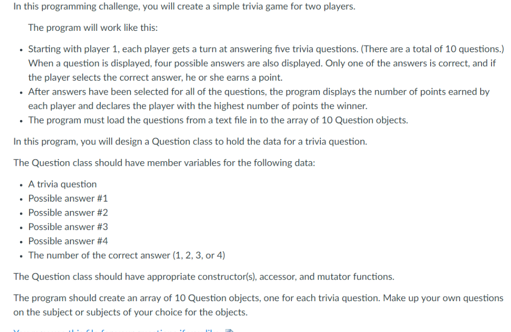 I need this done in C++ Simple 2 player Trivia | Chegg.com