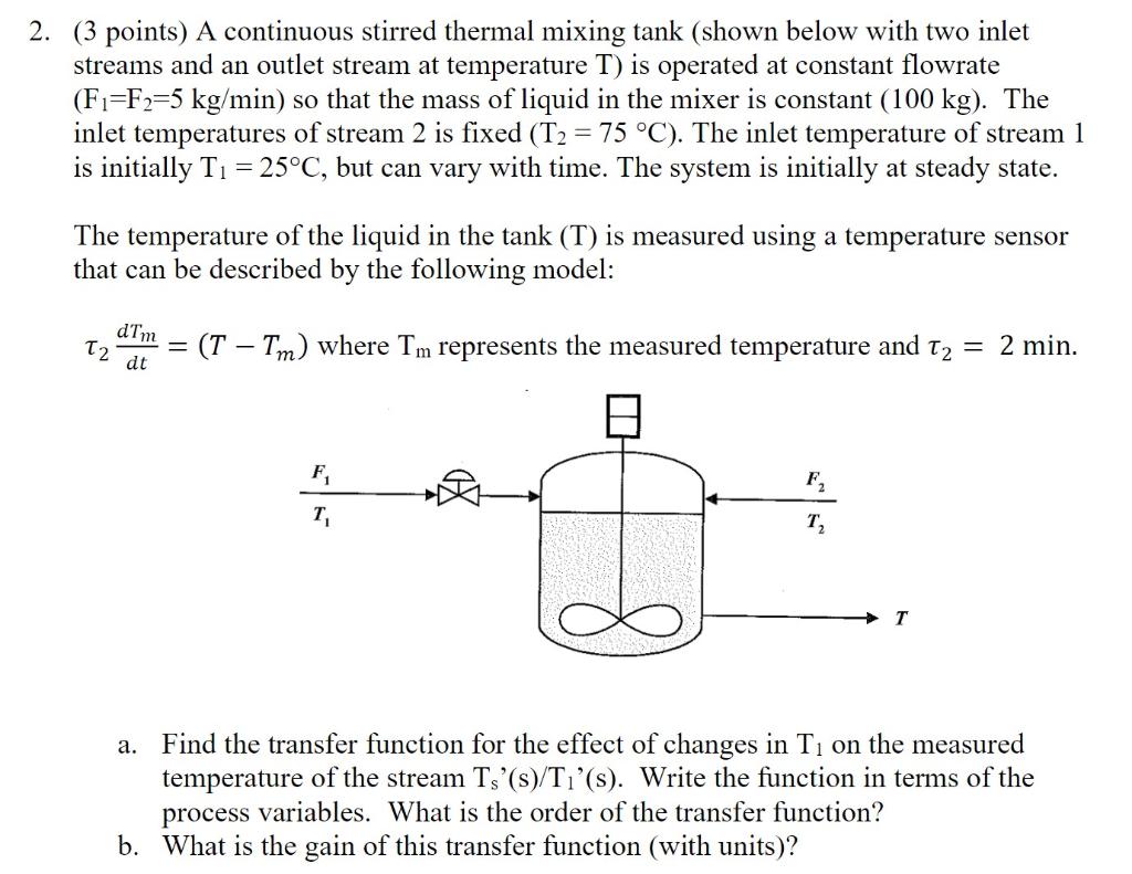 Solved 2. (3 points) A continuous stirred thermal mixing | Chegg.com