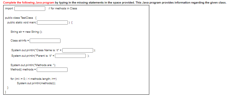 Solved Complete the following Java program by typing in the | Chegg.com