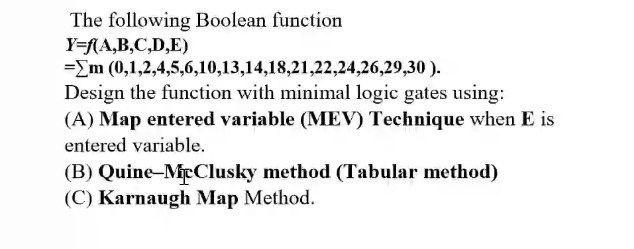 Solved The following Boolean function Y=f(A,B,C,D,E) = m | Chegg.com