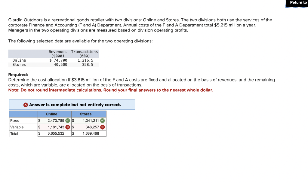 Solved Giardin Outdoors is a recreational goods retailer