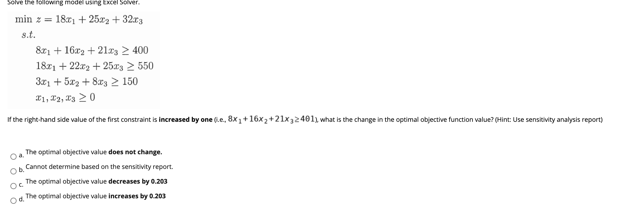 Solved Solve the following model using Excel Solver. min z = | Chegg.com