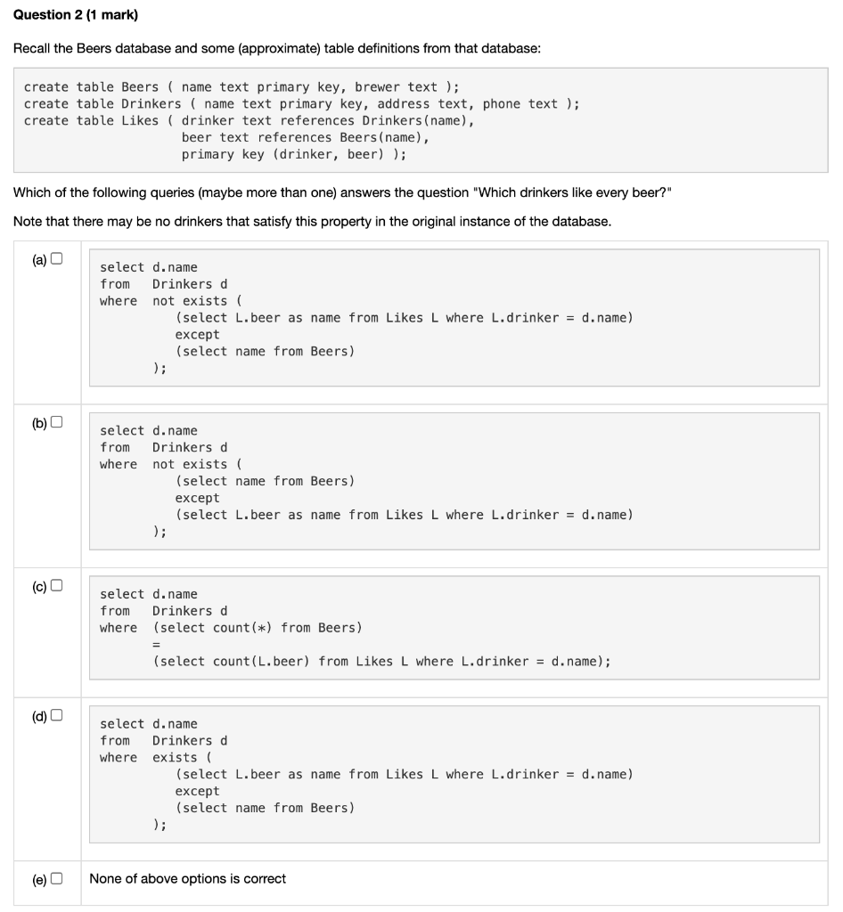 Solved Question 1 (1 mark) Consider the following table | Chegg.com