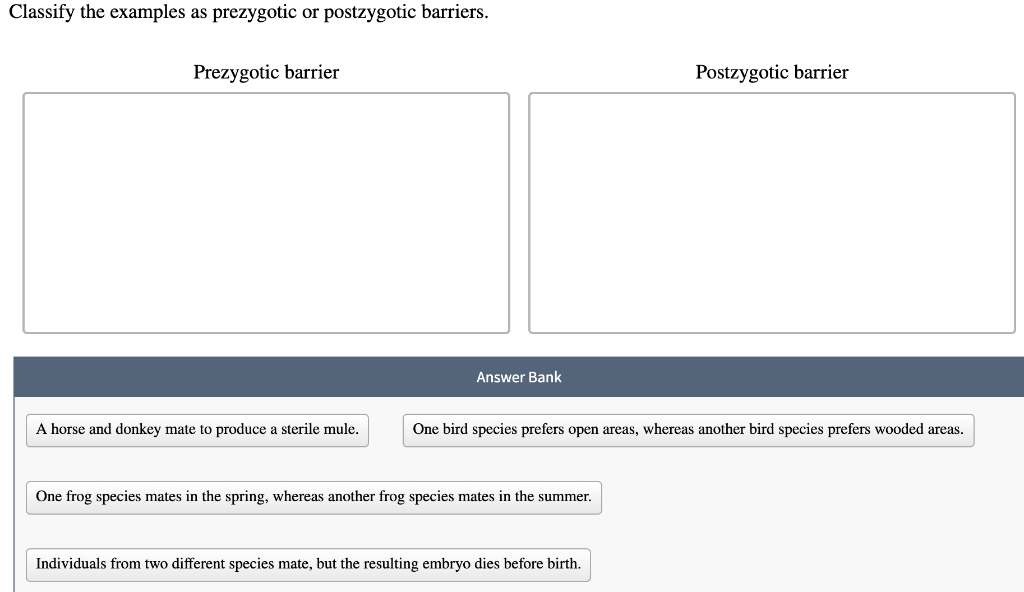 Solved Classify the examples as prezygotic or postzygotic